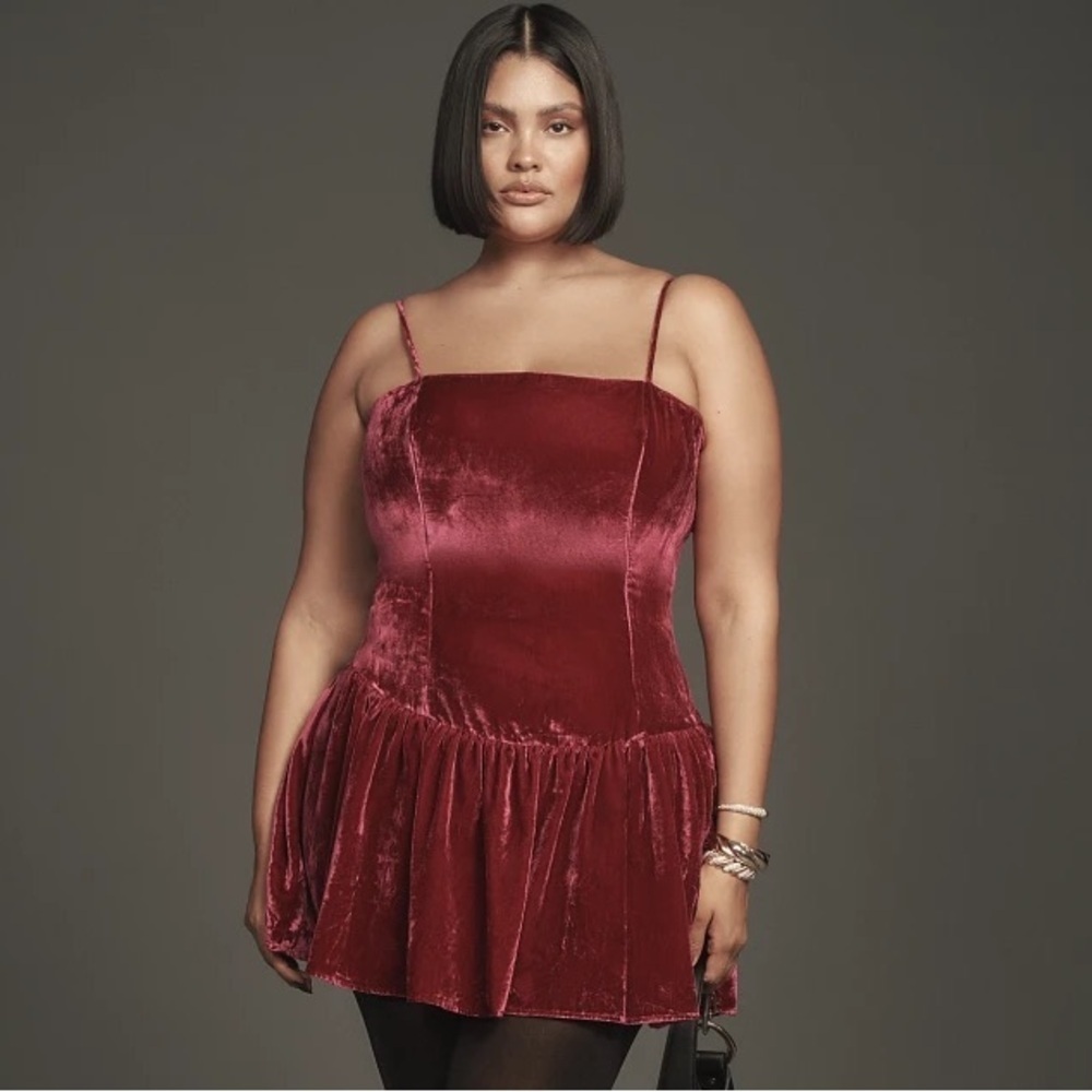 NWT! Anthropologie Pink Maeve Drop-Waist Velvet Mini Dress - Size Medium 🟢 - Picture 5 of 11